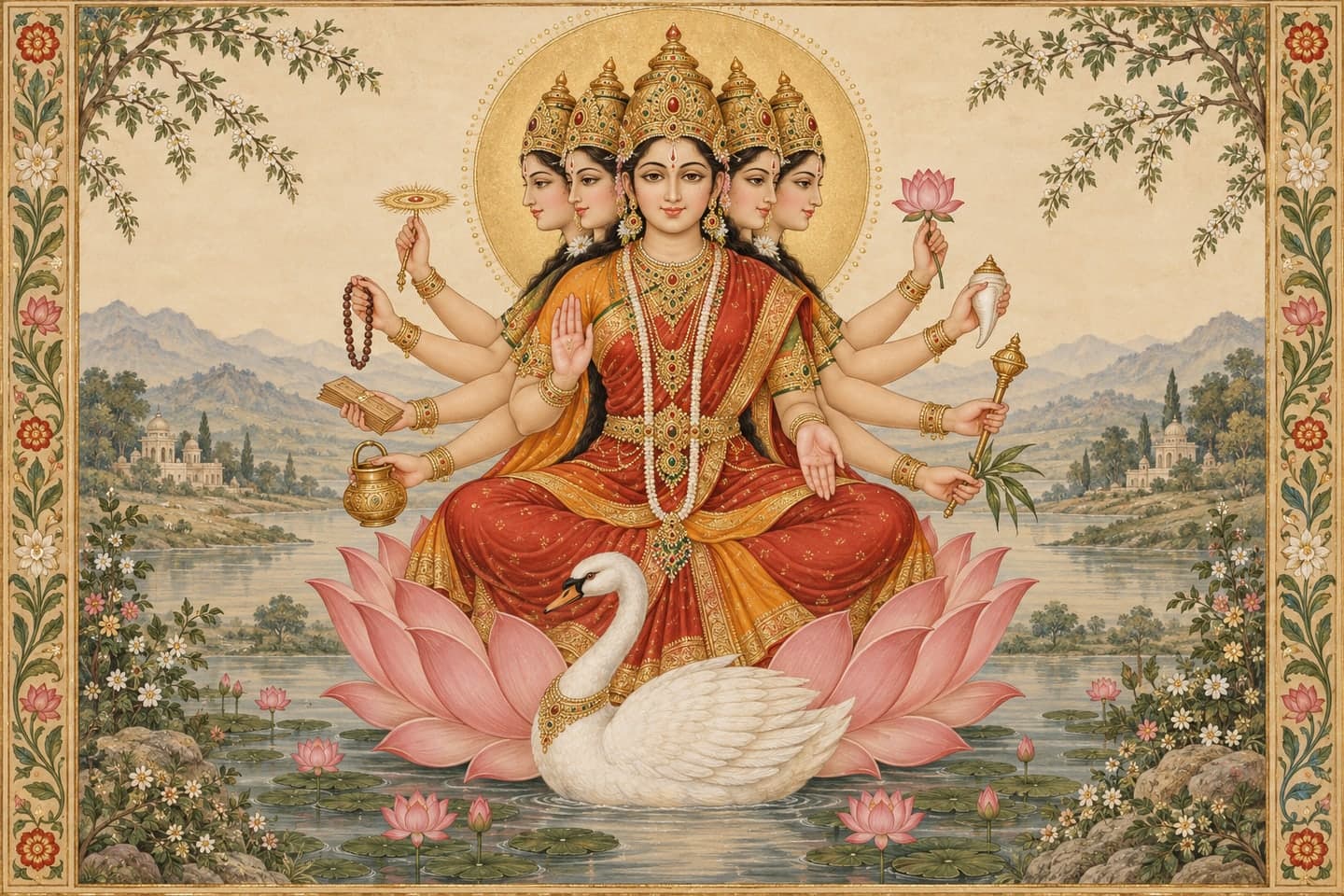 Contemporary devotional illustration of five-faced Gayatri Devi seated on a lotus beside a white swan