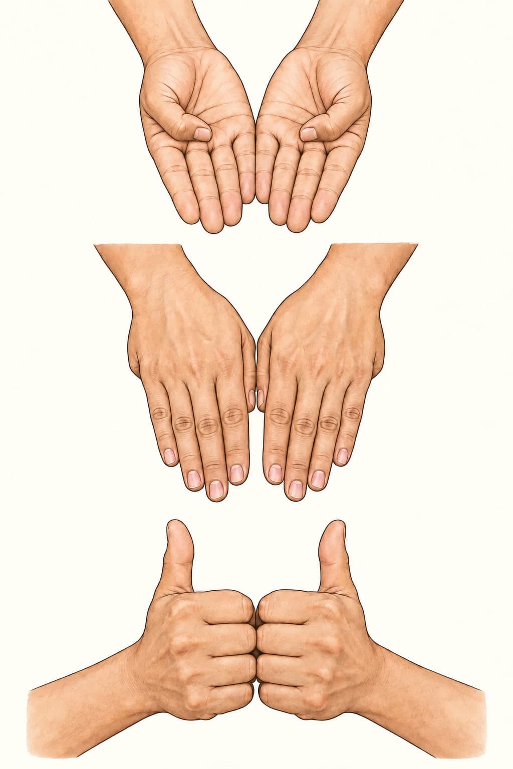 Three illustrated invocation gestures, from top to bottom: open palms for Avahani, palms turned down for Sthapani, and joined fists with raised thumbs for Sannidhapani