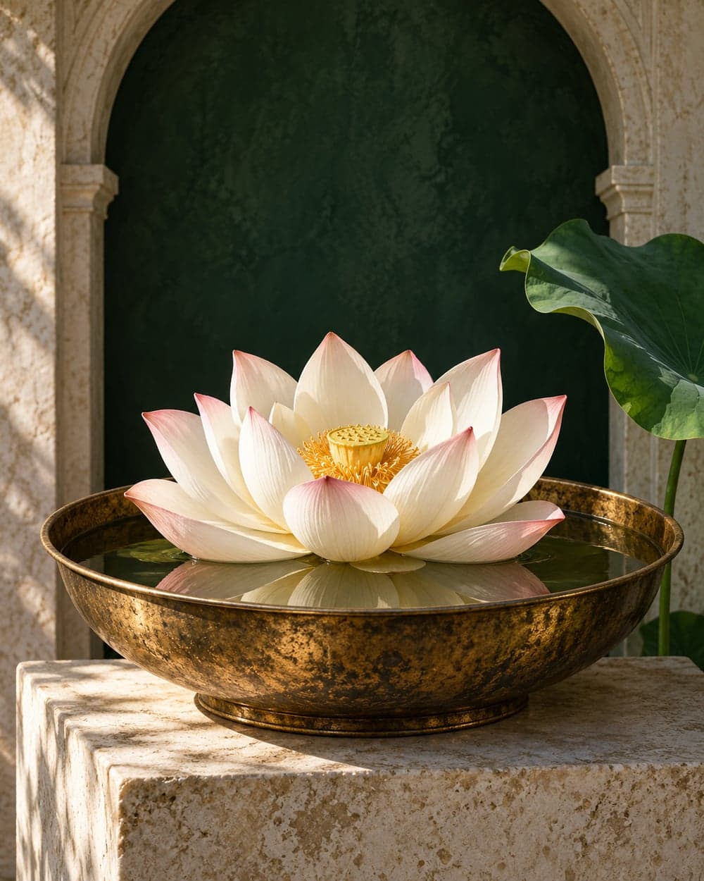 An ivory lotus reflected in a brass bowl beneath a stone arch, an artistic setting for contemplation