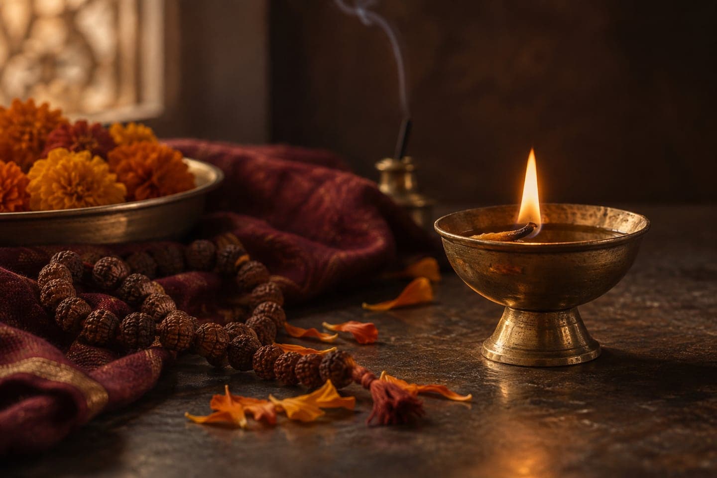 A brass oil lamp, rudraksha beads, and marigolds in warm light