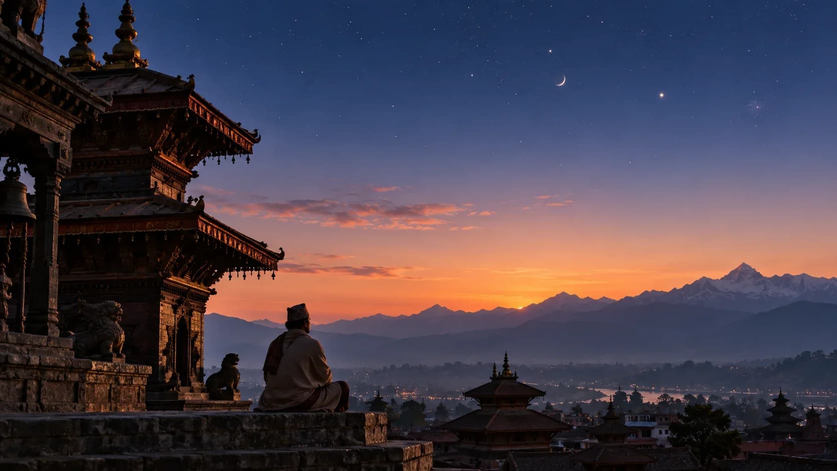 A person sits beside a Nepali temple, looking across the valley toward mountains and a crescent moon