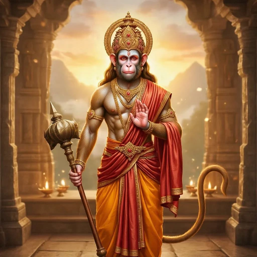 Devotional illustration of Hanuman holding a mace and raising his palm in blessing