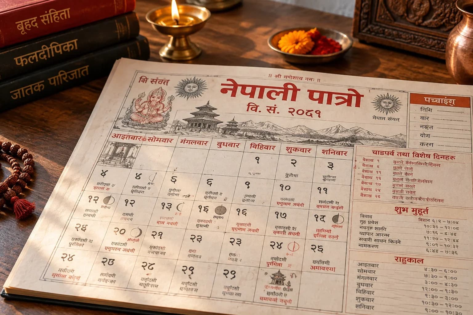 An illustrated Nepali calendar beside traditional Jyotish books, a brass lamp and prayer beads